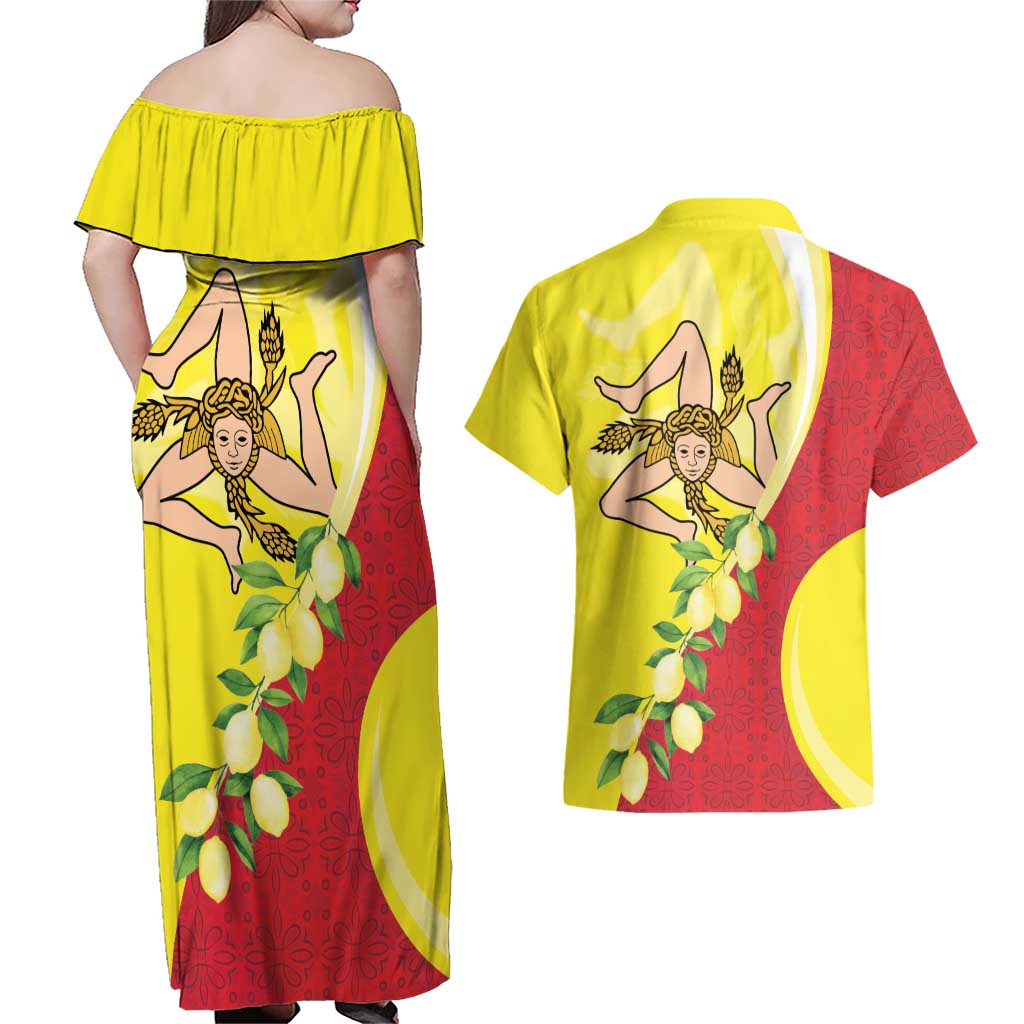 La Sicilia Couples Matching Off Shoulder Maxi Dress and Hawaiian Shirt Bandiera della Sicilia Motif