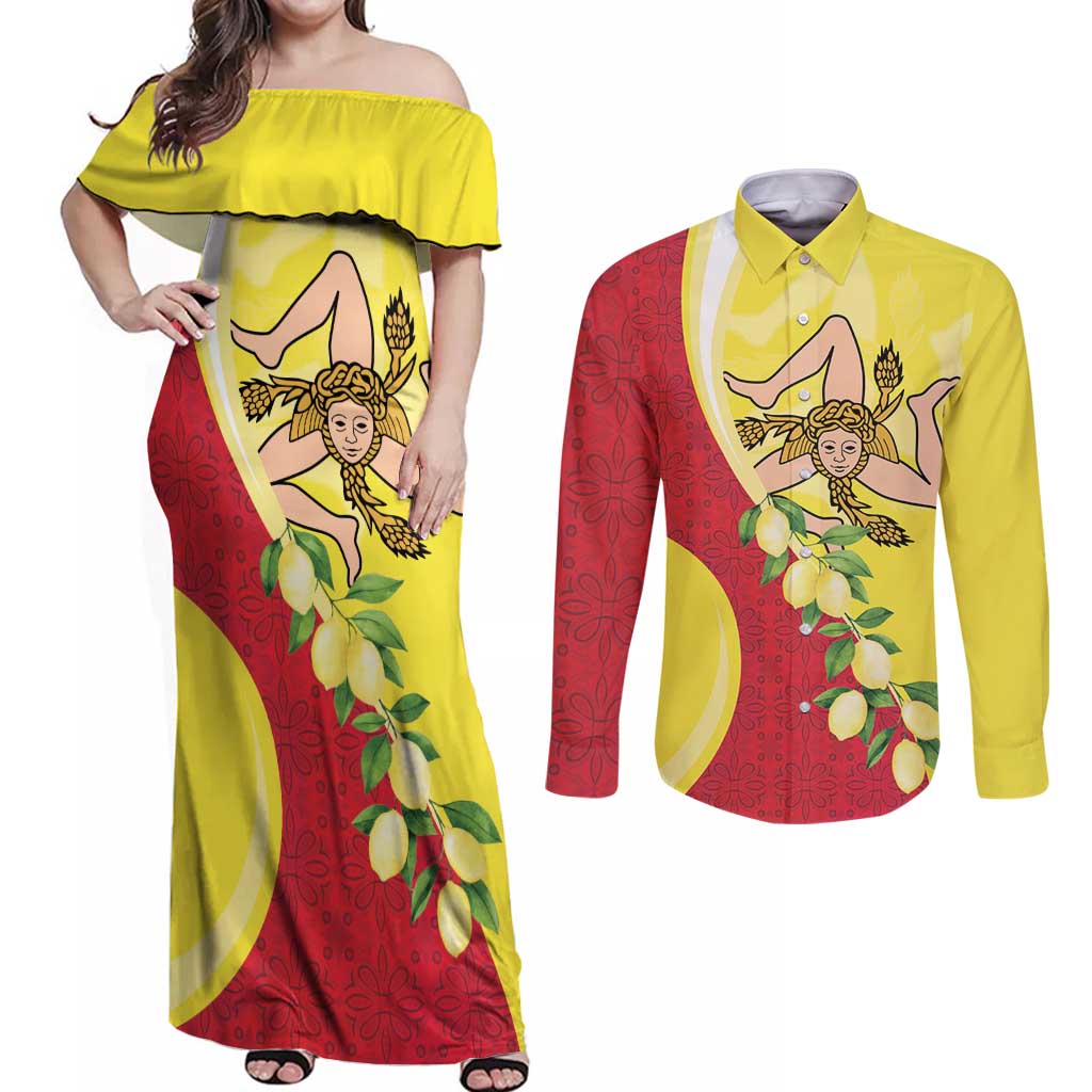 La Sicilia Couples Matching Off Shoulder Maxi Dress and Long Sleeve Button Shirt Bandiera della Sicilia Motif