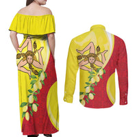 La Sicilia Couples Matching Off Shoulder Maxi Dress and Long Sleeve Button Shirt Bandiera della Sicilia Motif