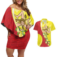 La Sicilia Couples Matching Off Shoulder Short Dress and Hawaiian Shirt Bandiera della Sicilia Motif