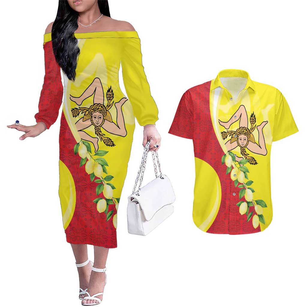 La Sicilia Couples Matching Off The Shoulder Long Sleeve Dress and Hawaiian Shirt Bandiera della Sicilia Motif