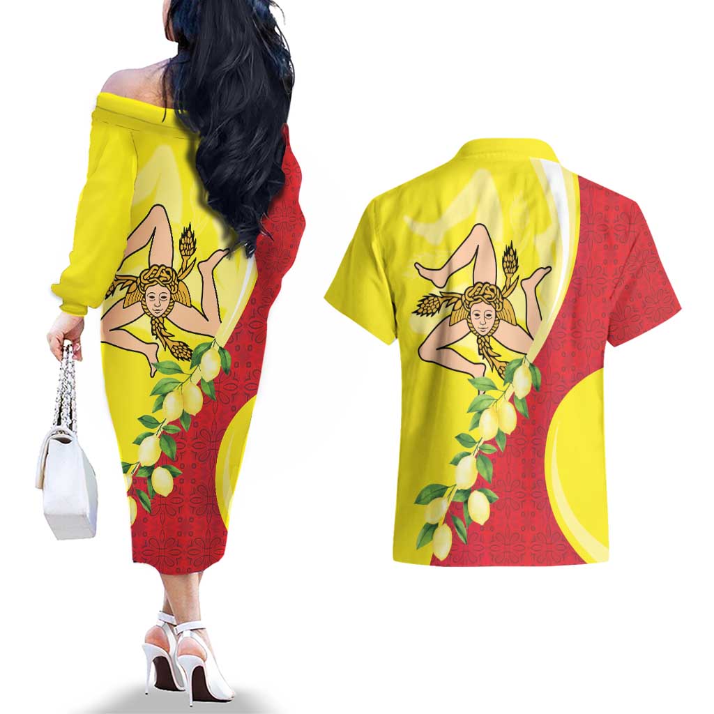 La Sicilia Couples Matching Off The Shoulder Long Sleeve Dress and Hawaiian Shirt Bandiera della Sicilia Motif