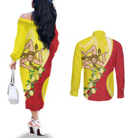 La Sicilia Couples Matching Off The Shoulder Long Sleeve Dress and Long Sleeve Button Shirt Bandiera della Sicilia Motif