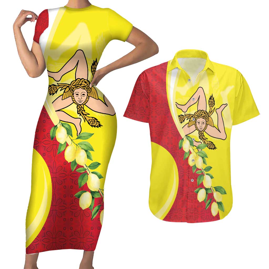 La Sicilia Couples Matching Short Sleeve Bodycon Dress and Hawaiian Shirt Bandiera della Sicilia Motif