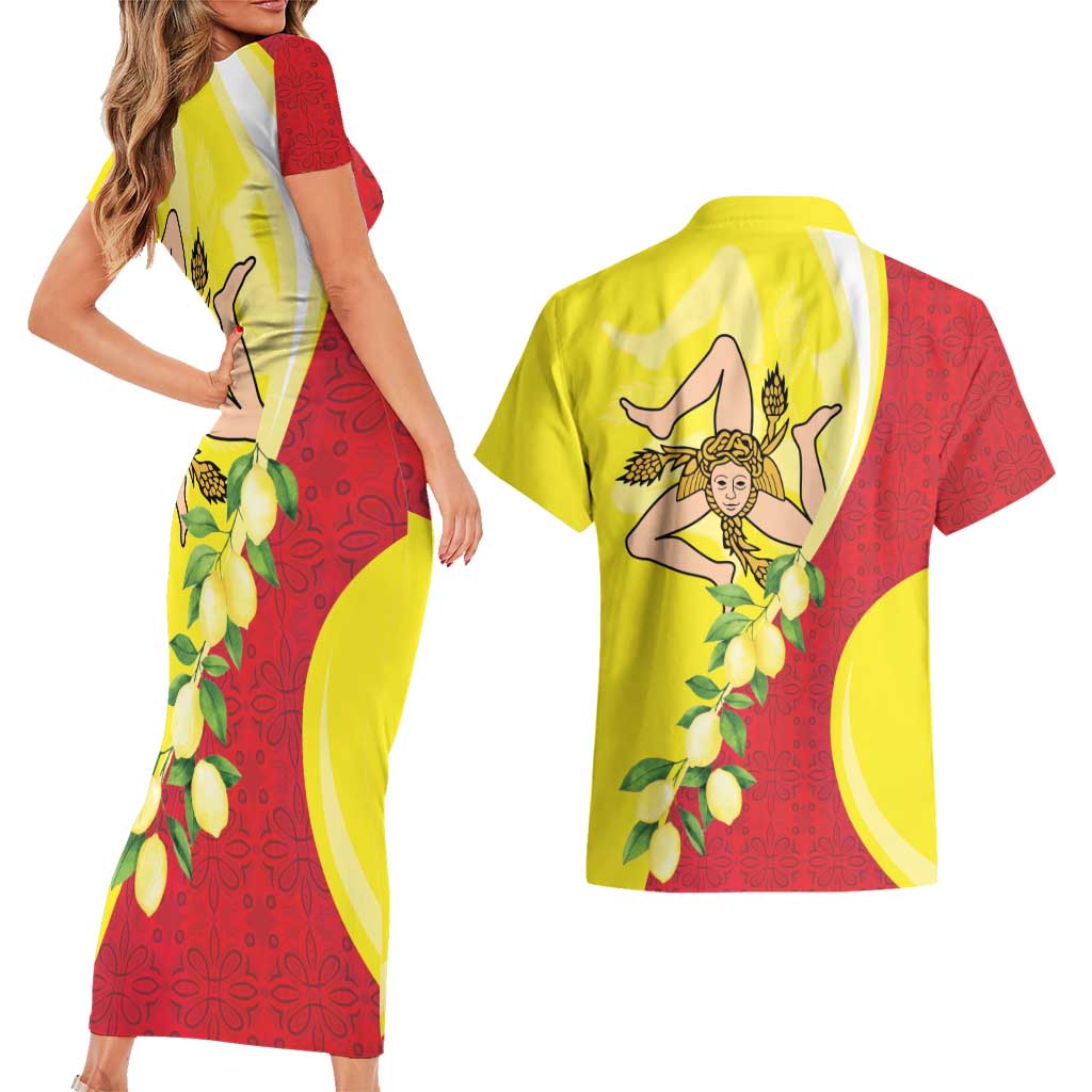 La Sicilia Couples Matching Short Sleeve Bodycon Dress and Hawaiian Shirt Bandiera della Sicilia Motif