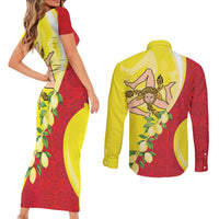 La Sicilia Couples Matching Short Sleeve Bodycon Dress and Long Sleeve Button Shirt Bandiera della Sicilia Motif
