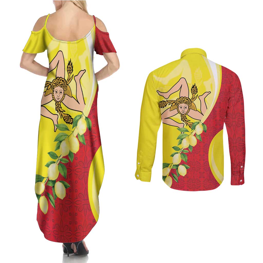 La Sicilia Couples Matching Summer Maxi Dress and Long Sleeve Button Shirt Bandiera della Sicilia Motif