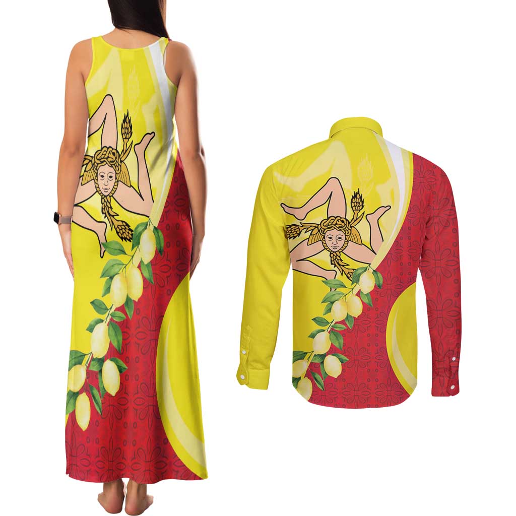 La Sicilia Couples Matching Tank Maxi Dress and Long Sleeve Button Shirt Bandiera della Sicilia Motif