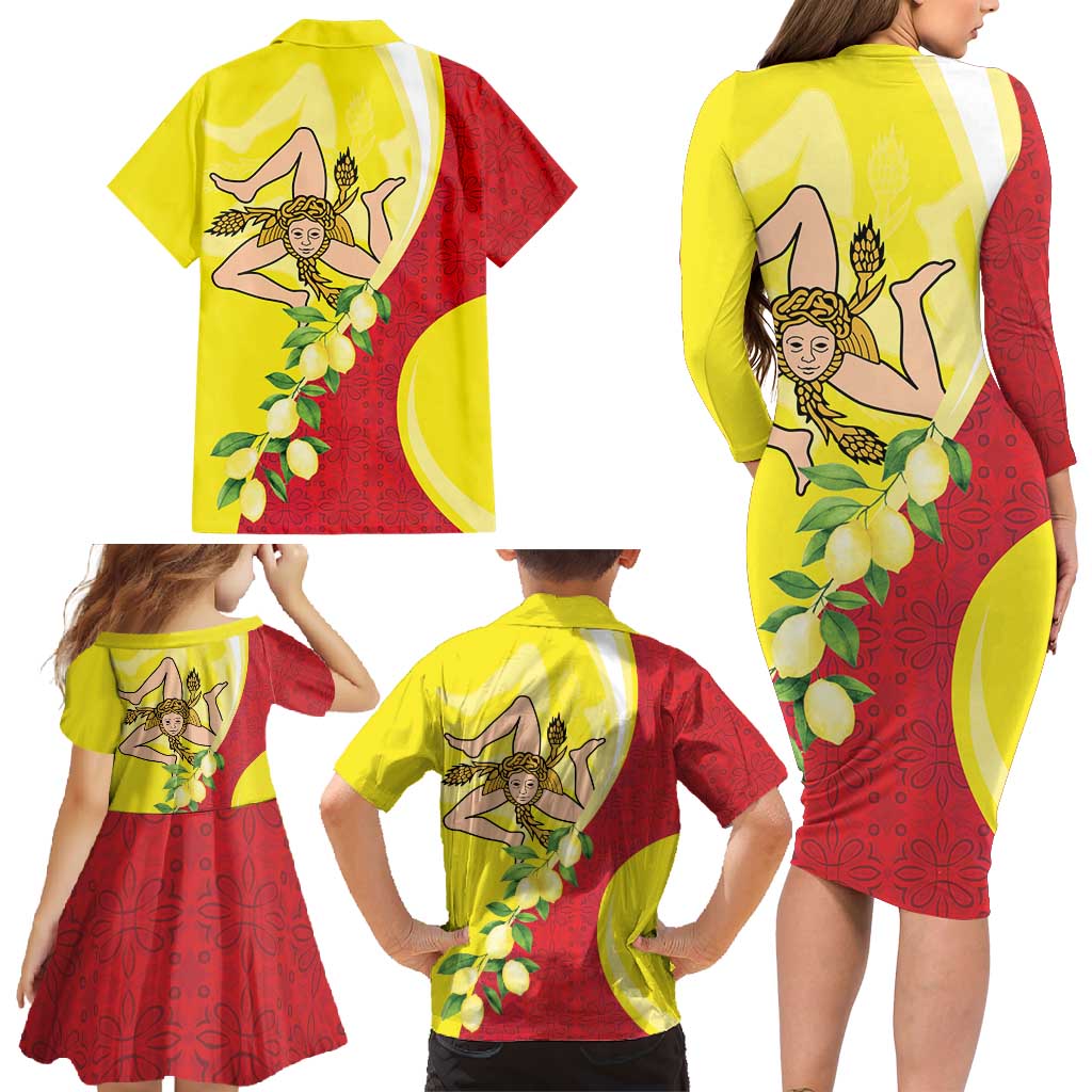 La Sicilia Family Matching Long Sleeve Bodycon Dress and Hawaiian Shirt Bandiera della Sicilia Motif