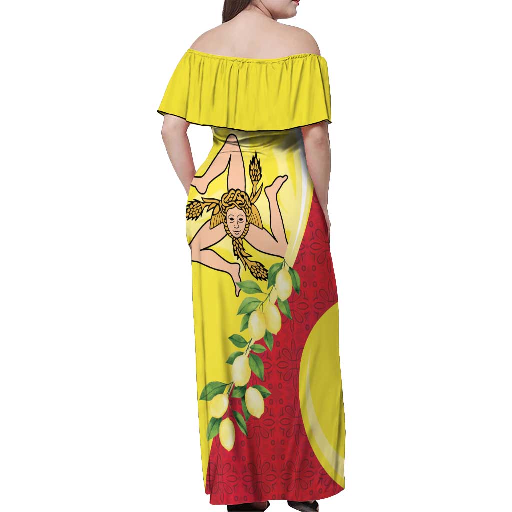 La Sicilia Off Shoulder Maxi Dress Bandiera della Sicilia Motif