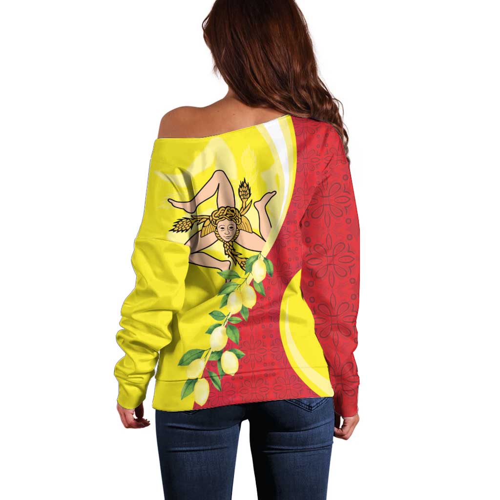 La Sicilia Off Shoulder Sweater Bandiera della Sicilia Motif