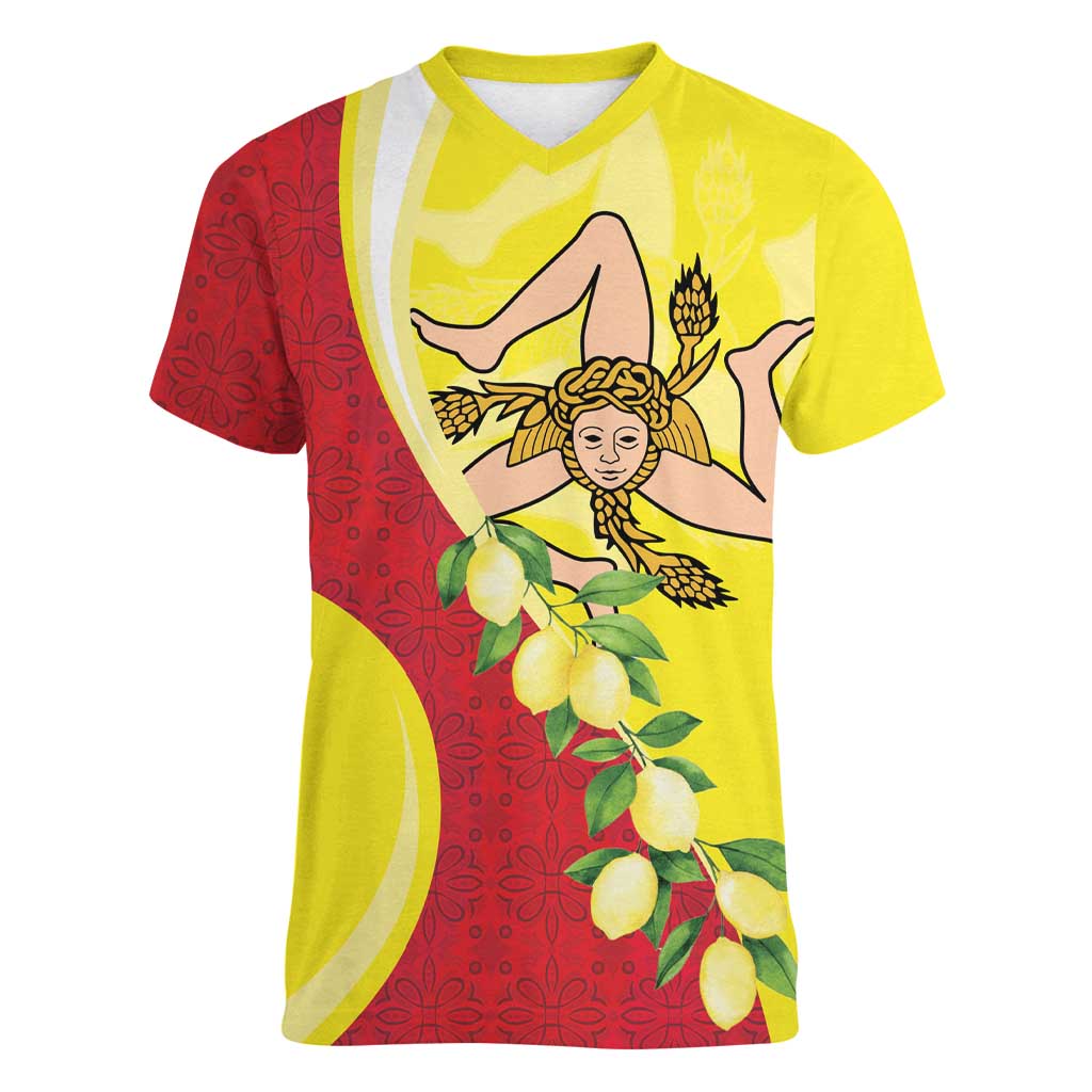 La Sicilia Women V-Neck T-Shirt Bandiera della Sicilia Motif