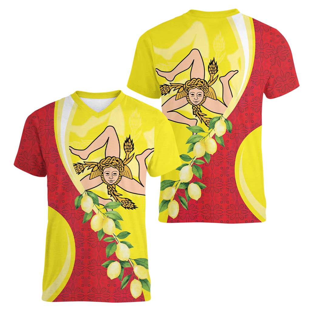 La Sicilia Women V-Neck T-Shirt Bandiera della Sicilia Motif