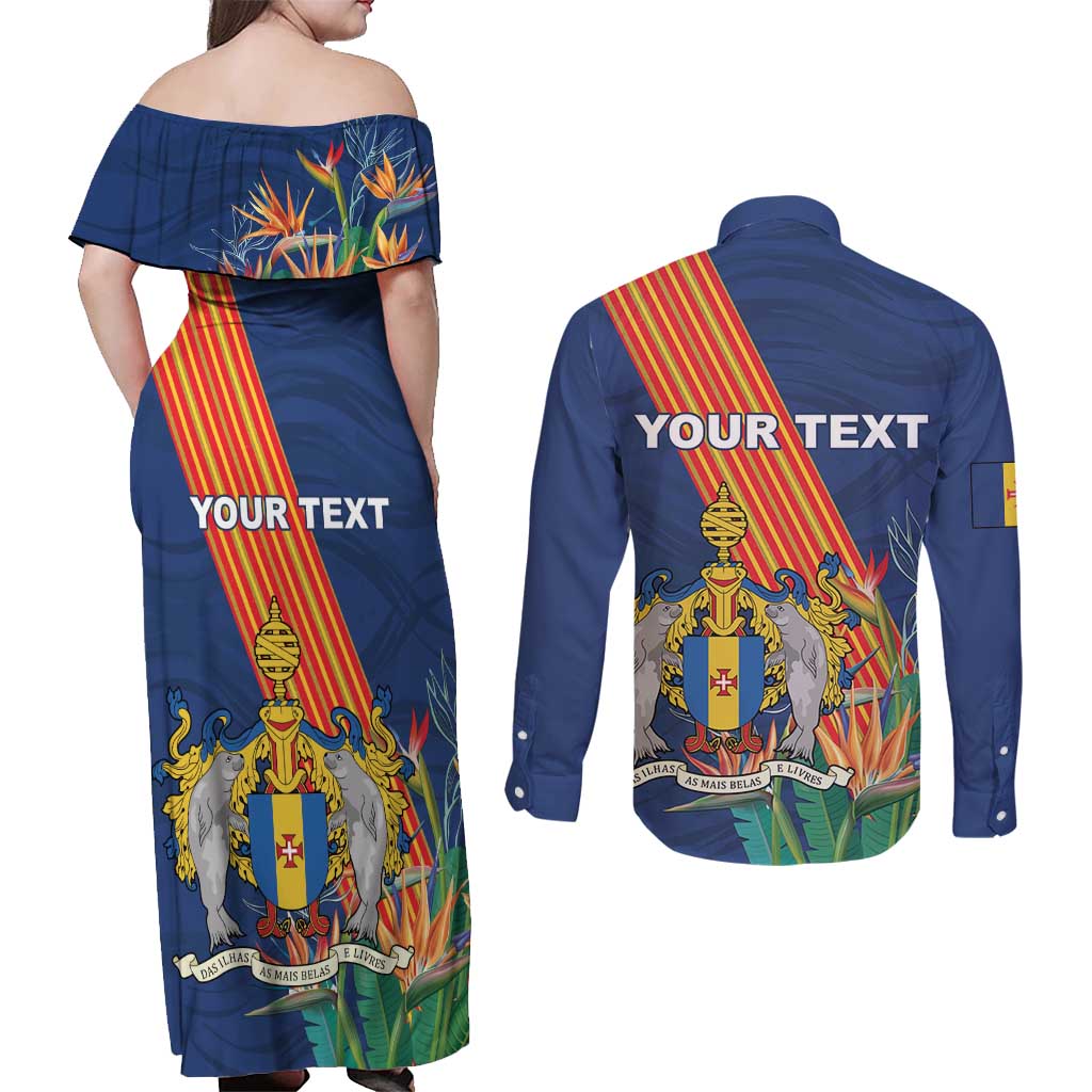 Personalized Madeira Couples Matching Off Shoulder Maxi Dress and Long Sleeve Button Shirt Das Ilhas as Mais Belas e Livres