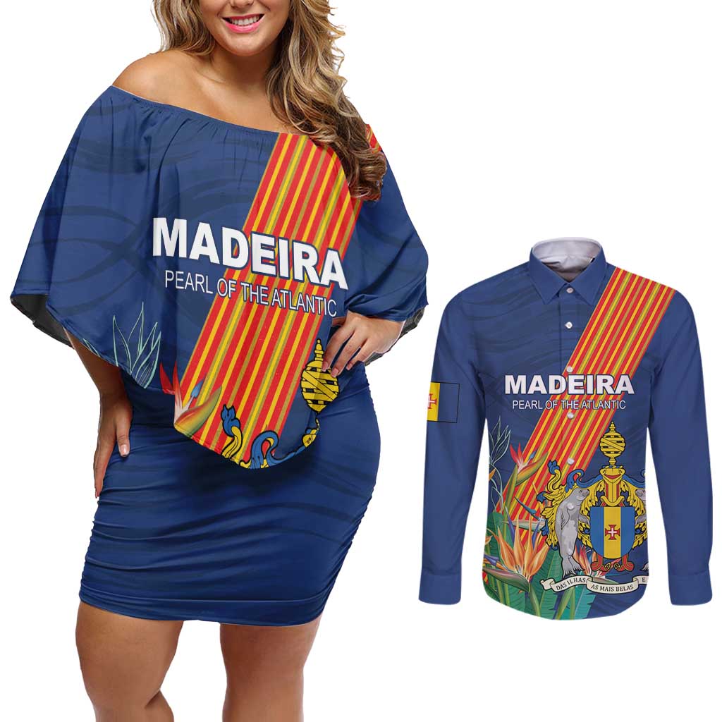 Personalized Madeira Couples Matching Off Shoulder Short Dress and Long Sleeve Button Shirt Das Ilhas as Mais Belas e Livres