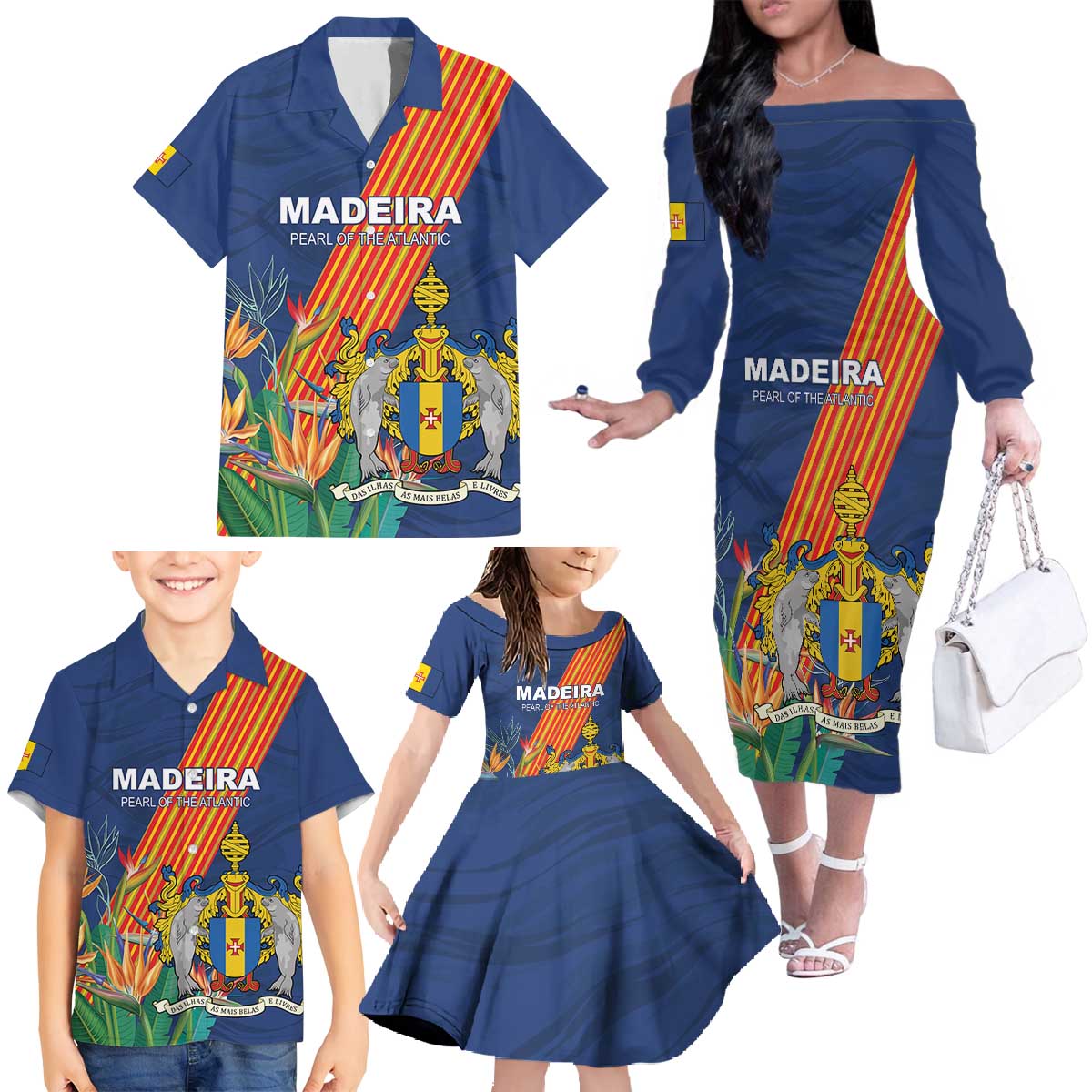 Personalized Madeira Family Matching Off The Shoulder Long Sleeve Dress and Hawaiian Shirt Das Ilhas as Mais Belas e Livres