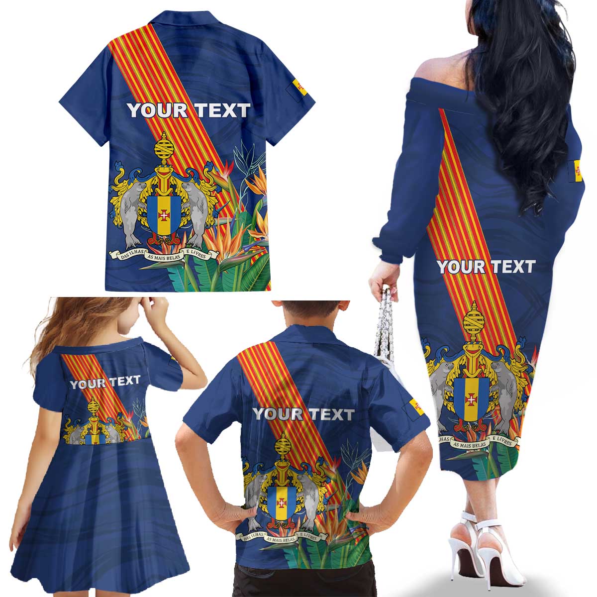 Personalized Madeira Family Matching Off The Shoulder Long Sleeve Dress and Hawaiian Shirt Das Ilhas as Mais Belas e Livres