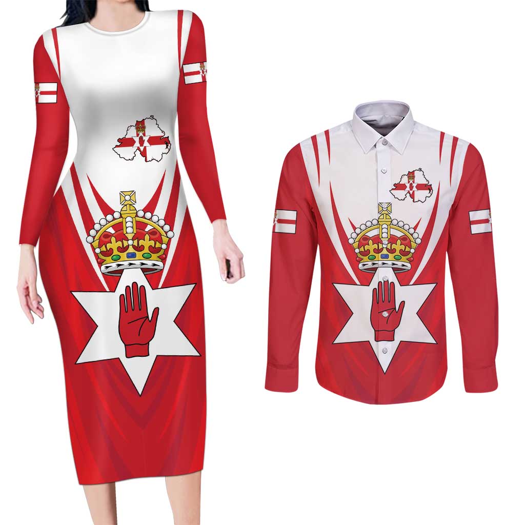 Personalized Northern Ireland Couples Matching Long Sleeve Bodycon Dress and Long Sleeve Button Shirt Coat Of Arms With Map