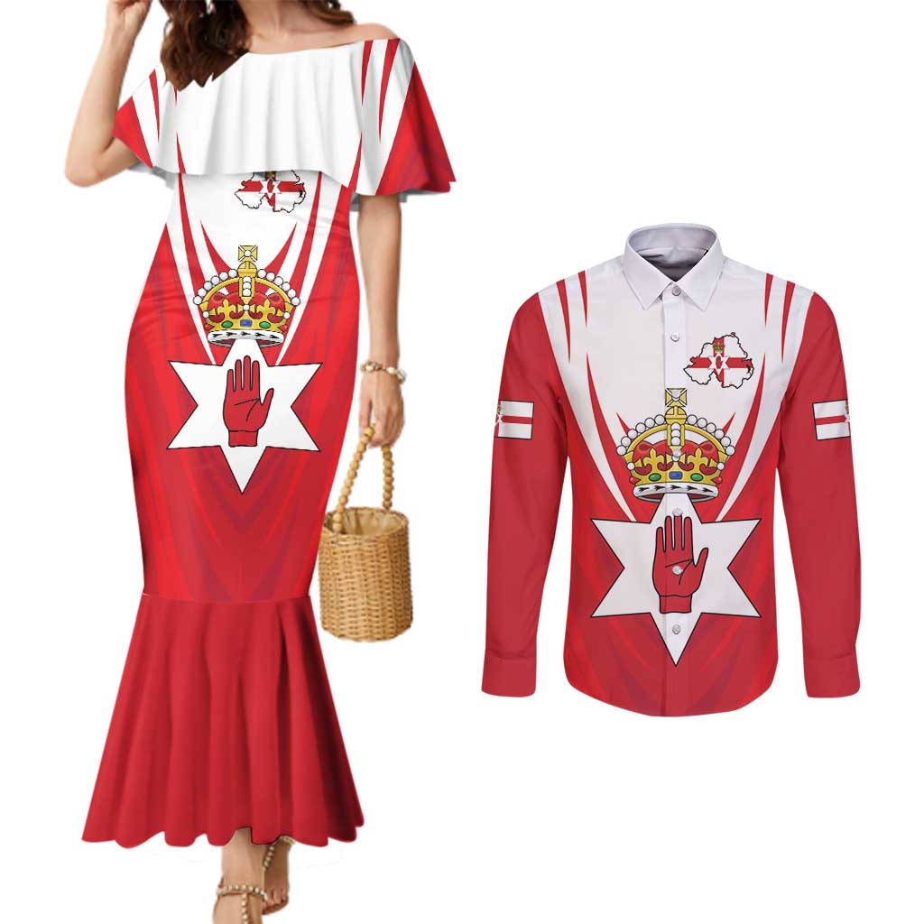 Personalized Northern Ireland Couples Matching Mermaid Dress and Long Sleeve Button Shirt Coat Of Arms With Map