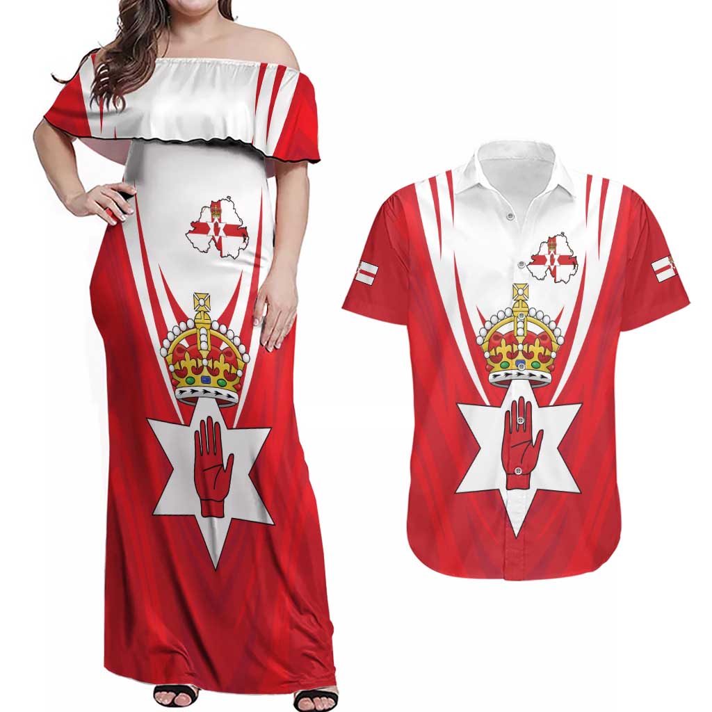 Personalized Northern Ireland Couples Matching Off Shoulder Maxi Dress and Hawaiian Shirt Coat Of Arms With Map