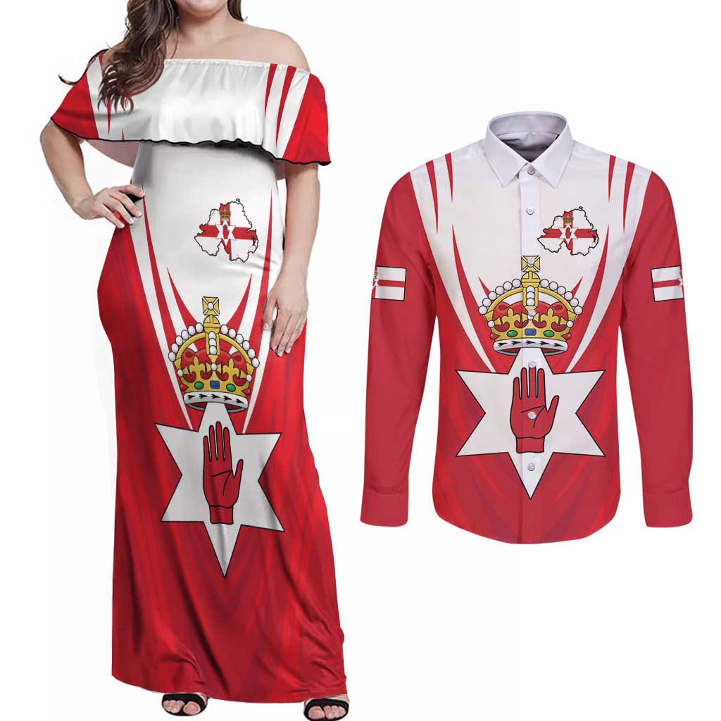 Personalized Northern Ireland Couples Matching Off Shoulder Maxi Dress and Long Sleeve Button Shirt Coat Of Arms With Map
