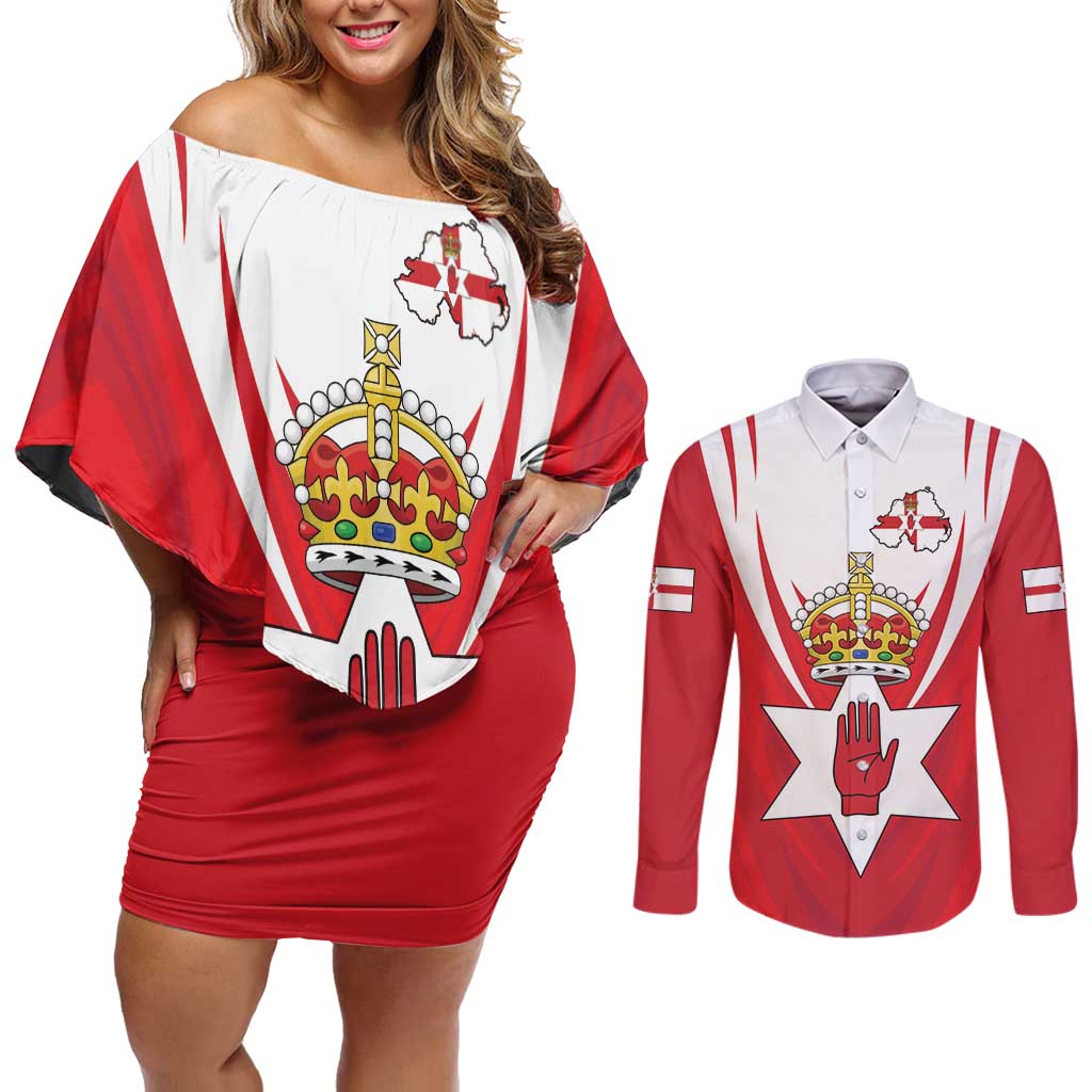Personalized Northern Ireland Couples Matching Off Shoulder Short Dress and Long Sleeve Button Shirt Coat Of Arms With Map