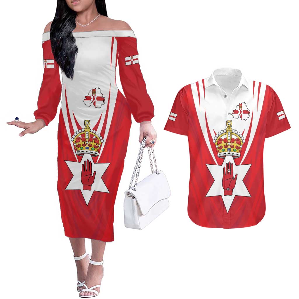 Personalized Northern Ireland Couples Matching Off The Shoulder Long Sleeve Dress and Hawaiian Shirt Coat Of Arms With Map