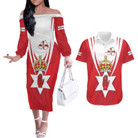 Personalized Northern Ireland Couples Matching Off The Shoulder Long Sleeve Dress and Hawaiian Shirt Coat Of Arms With Map