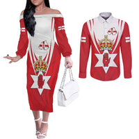 Personalized Northern Ireland Couples Matching Off The Shoulder Long Sleeve Dress and Long Sleeve Button Shirt Coat Of Arms With Map