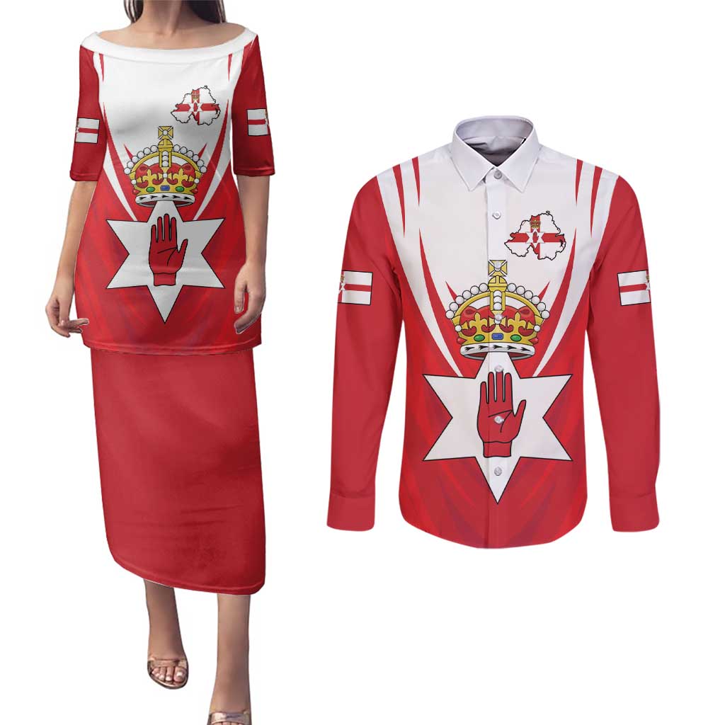 Personalized Northern Ireland Couples Matching Puletasi and Long Sleeve Button Shirt Coat Of Arms With Map