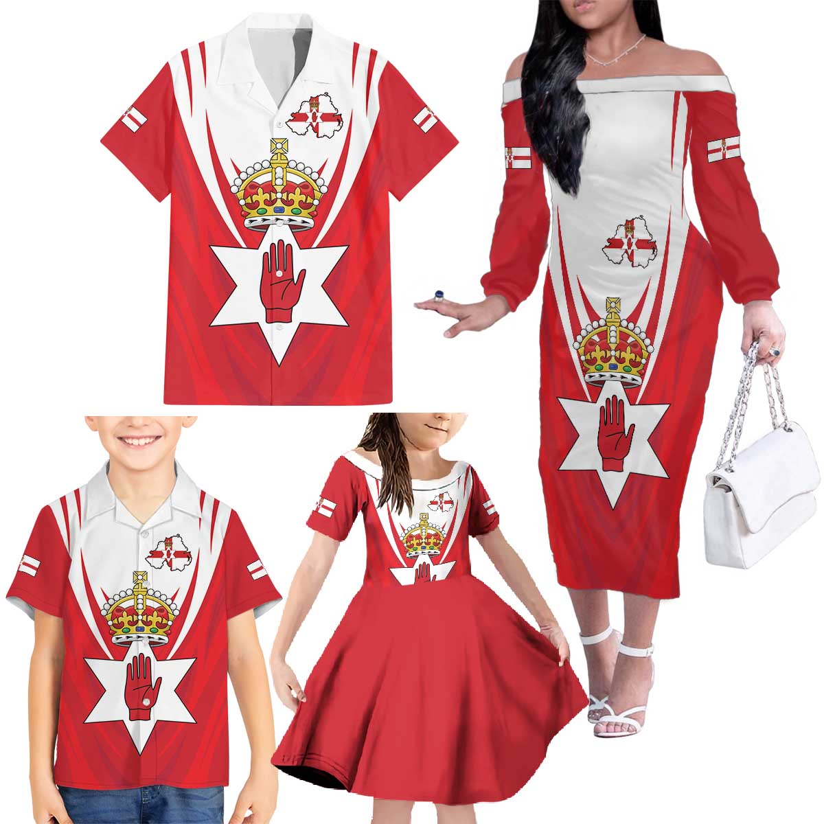Personalized Northern Ireland Family Matching Off The Shoulder Long Sleeve Dress and Hawaiian Shirt Coat Of Arms With Map