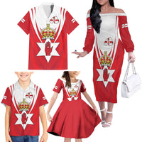 Personalized Northern Ireland Family Matching Off The Shoulder Long Sleeve Dress and Hawaiian Shirt Coat Of Arms With Map