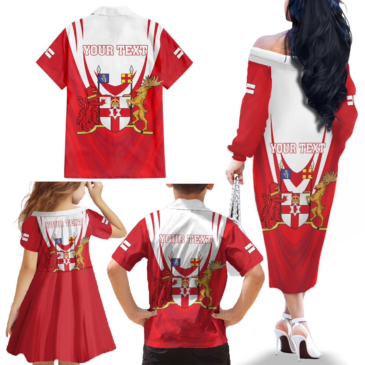 Personalized Northern Ireland Family Matching Off The Shoulder Long Sleeve Dress and Hawaiian Shirt Coat Of Arms With Map