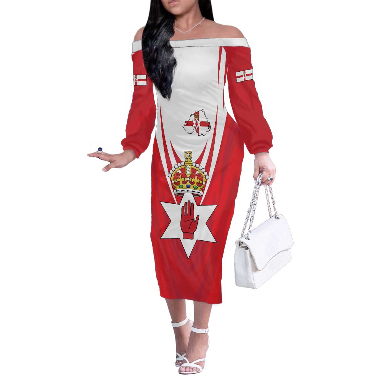 Personalized Northern Ireland Family Matching Off The Shoulder Long Sleeve Dress and Hawaiian Shirt Coat Of Arms With Map