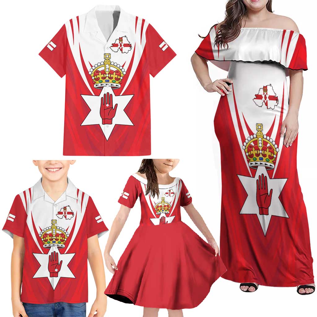 Personalized Northern Ireland Family Matching Off Shoulder Maxi Dress and Hawaiian Shirt Coat Of Arms With Map