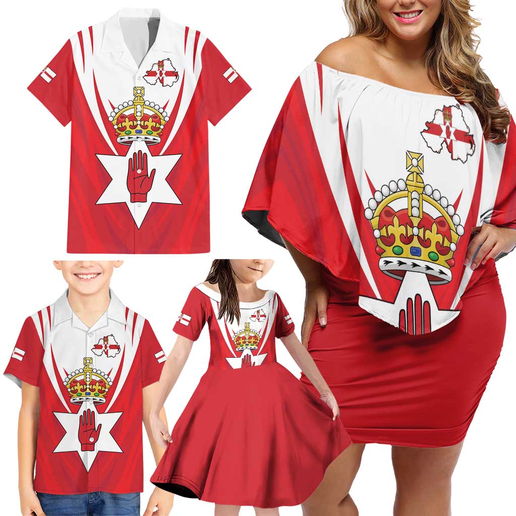Personalized Northern Ireland Family Matching Off Shoulder Short Dress and Hawaiian Shirt Coat Of Arms With Map