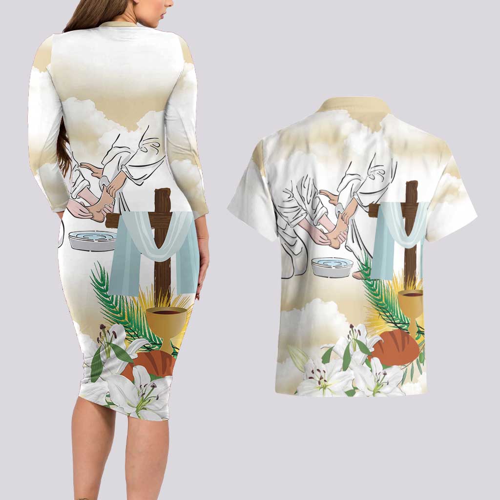 Happy Maundy Thursday Couples Matching Long Sleeve Bodycon Dress and Hawaiian Shirt Jesus Christ Washing Feet