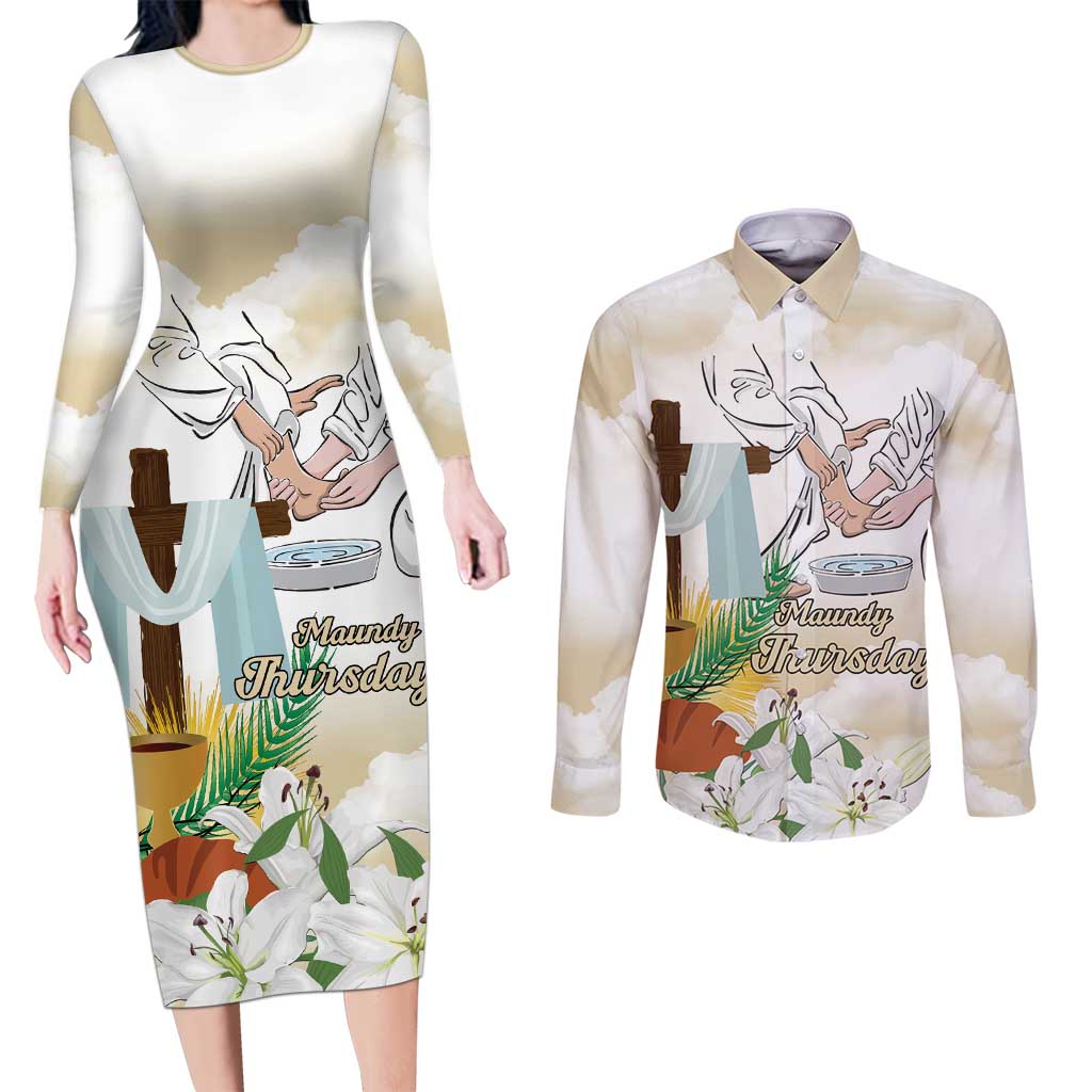 Happy Maundy Thursday Couples Matching Long Sleeve Bodycon Dress and Long Sleeve Button Shirt Jesus Christ Washing Feet