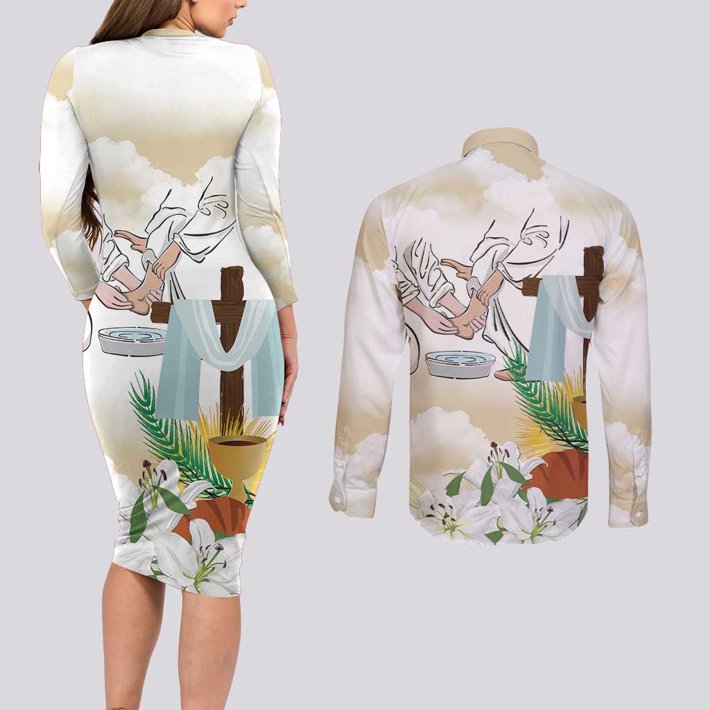 Happy Maundy Thursday Couples Matching Long Sleeve Bodycon Dress and Long Sleeve Button Shirt Jesus Christ Washing Feet
