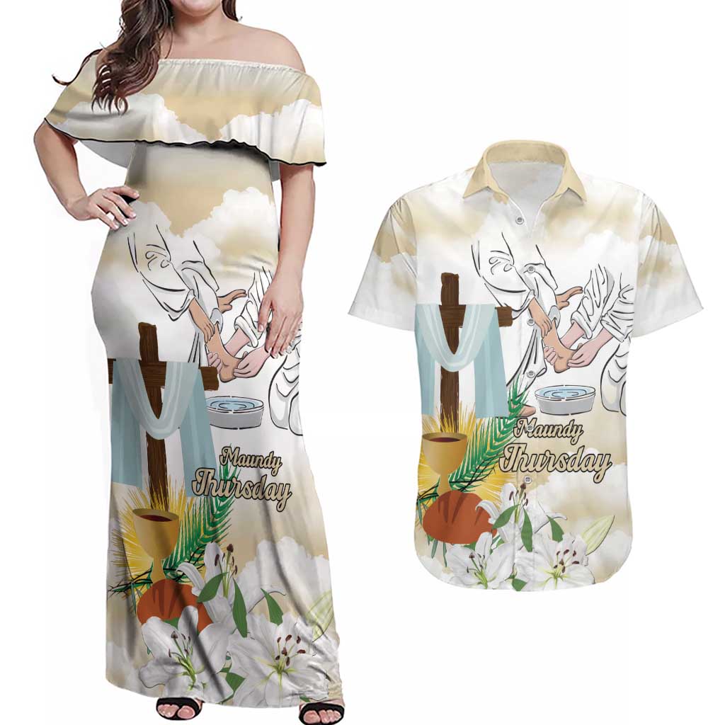 Happy Maundy Thursday Couples Matching Off Shoulder Maxi Dress and Hawaiian Shirt Jesus Christ Washing Feet