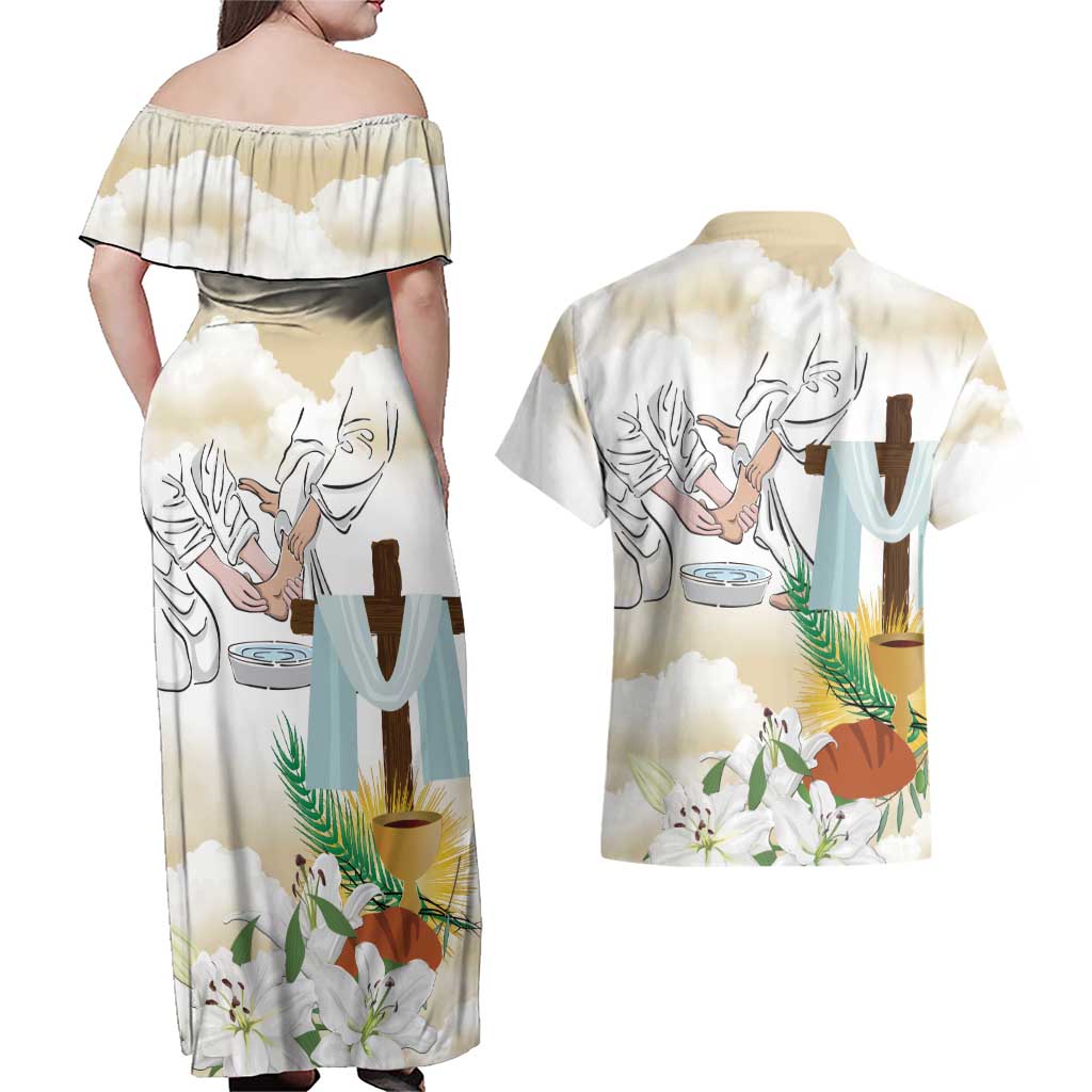 Happy Maundy Thursday Couples Matching Off Shoulder Maxi Dress and Hawaiian Shirt Jesus Christ Washing Feet