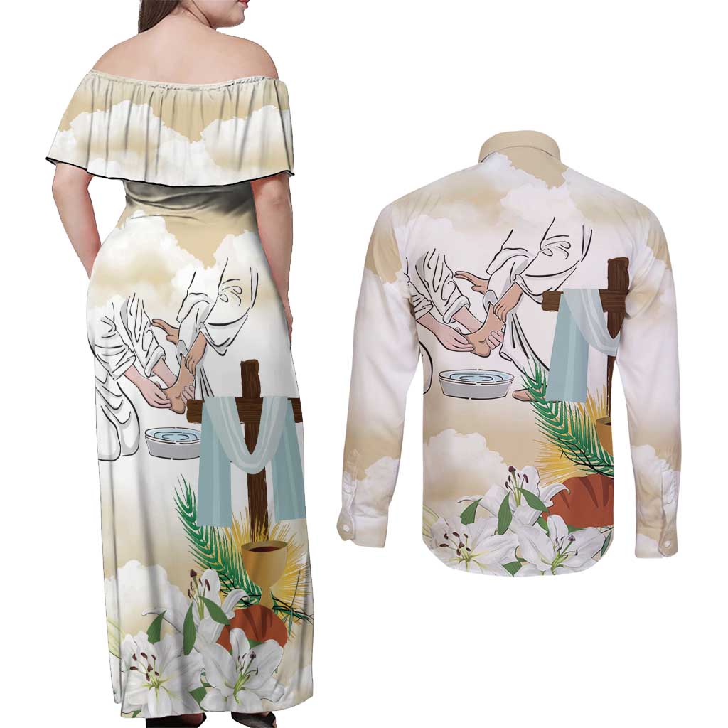 Happy Maundy Thursday Couples Matching Off Shoulder Maxi Dress and Long Sleeve Button Shirt Jesus Christ Washing Feet