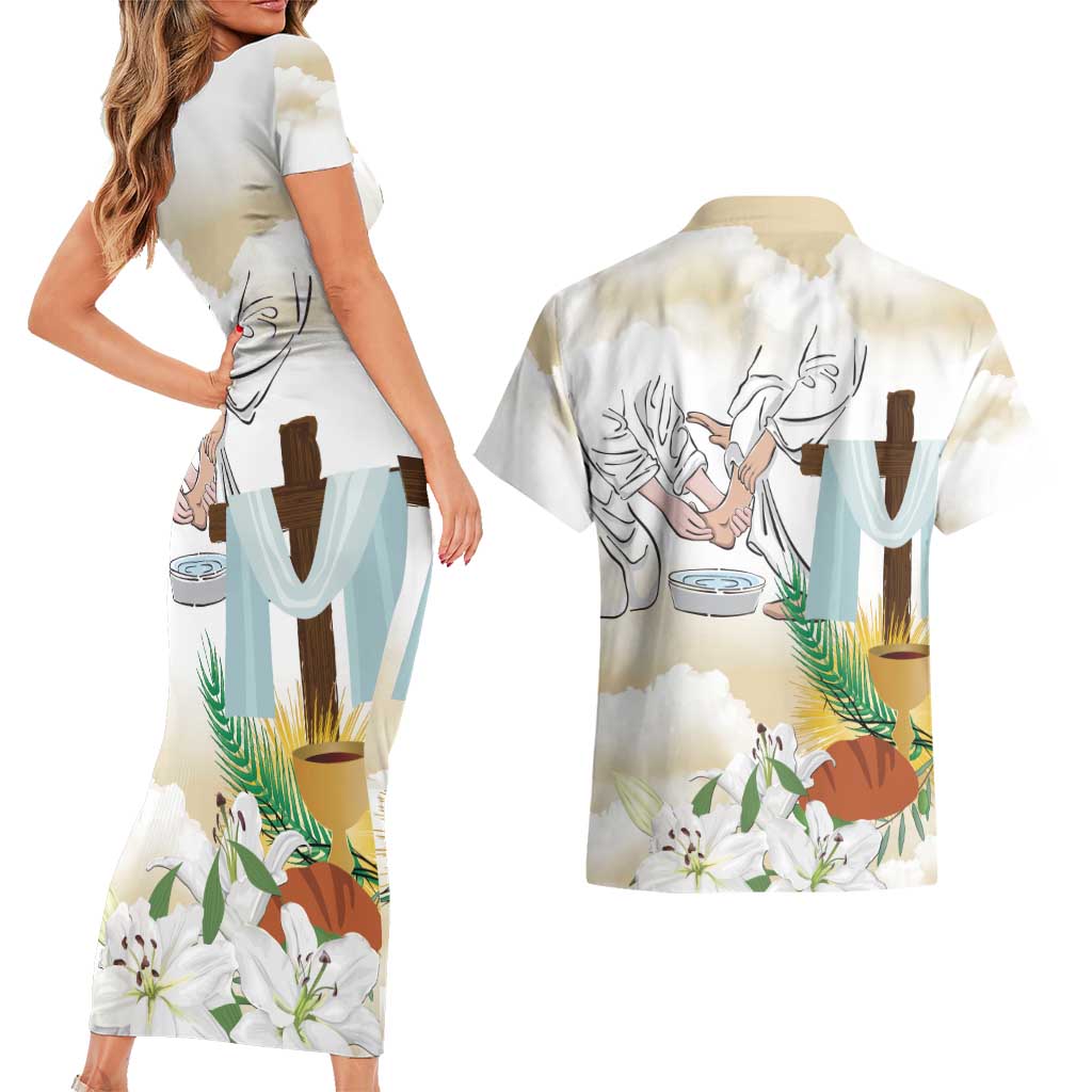 Happy Maundy Thursday Couples Matching Short Sleeve Bodycon Dress and Hawaiian Shirt Jesus Christ Washing Feet