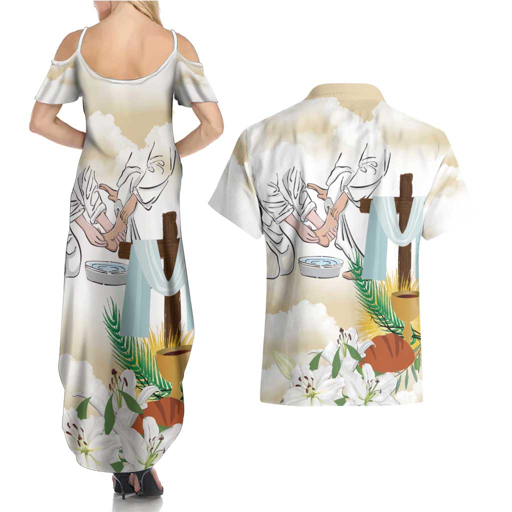 Happy Maundy Thursday Couples Matching Summer Maxi Dress and Hawaiian Shirt Jesus Christ Washing Feet