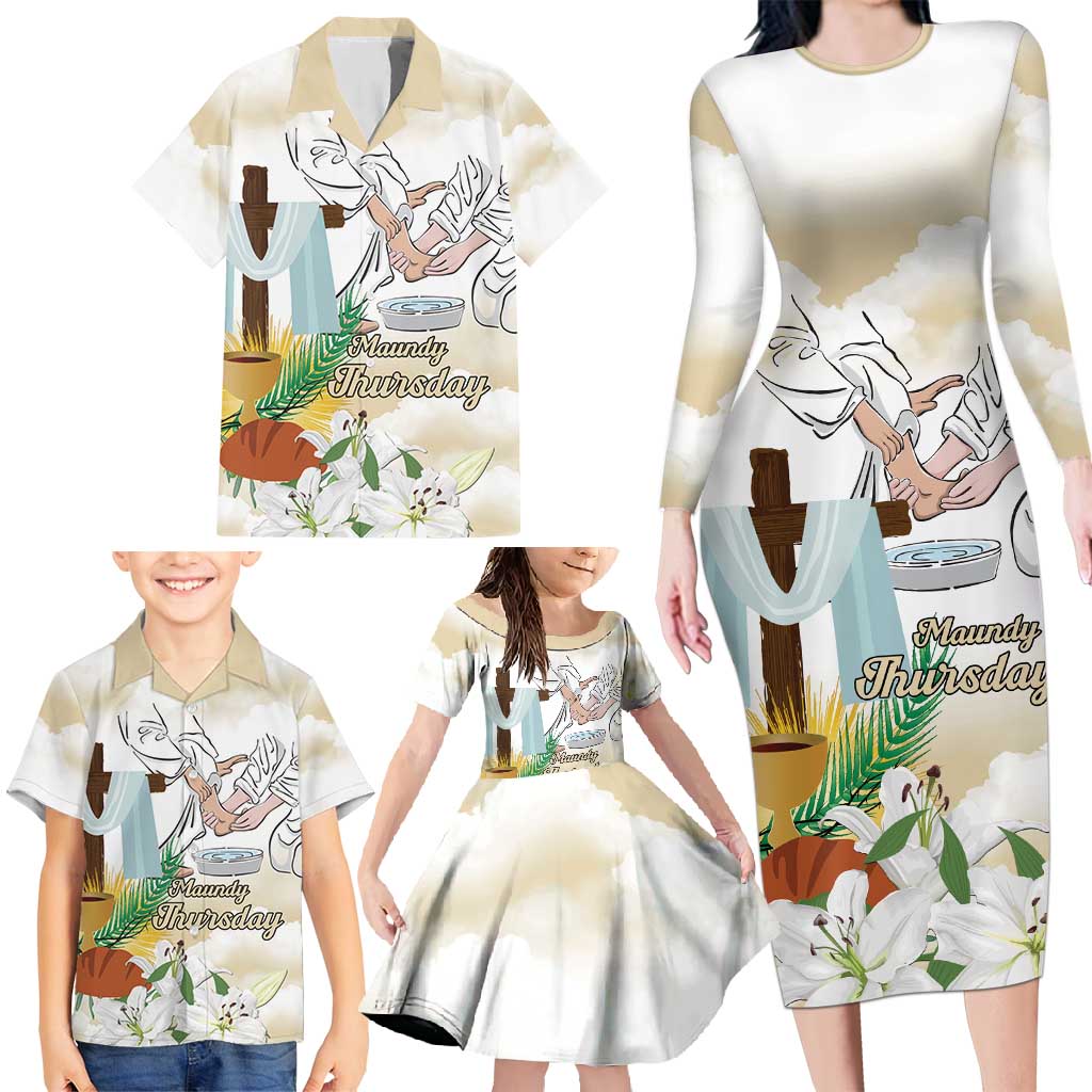 Happy Maundy Thursday Family Matching Long Sleeve Bodycon Dress and Hawaiian Shirt Jesus Christ Washing Feet