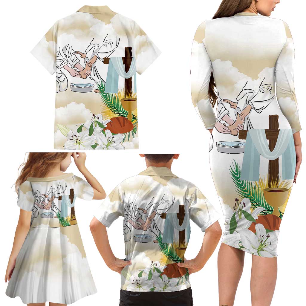 Happy Maundy Thursday Family Matching Long Sleeve Bodycon Dress and Hawaiian Shirt Jesus Christ Washing Feet