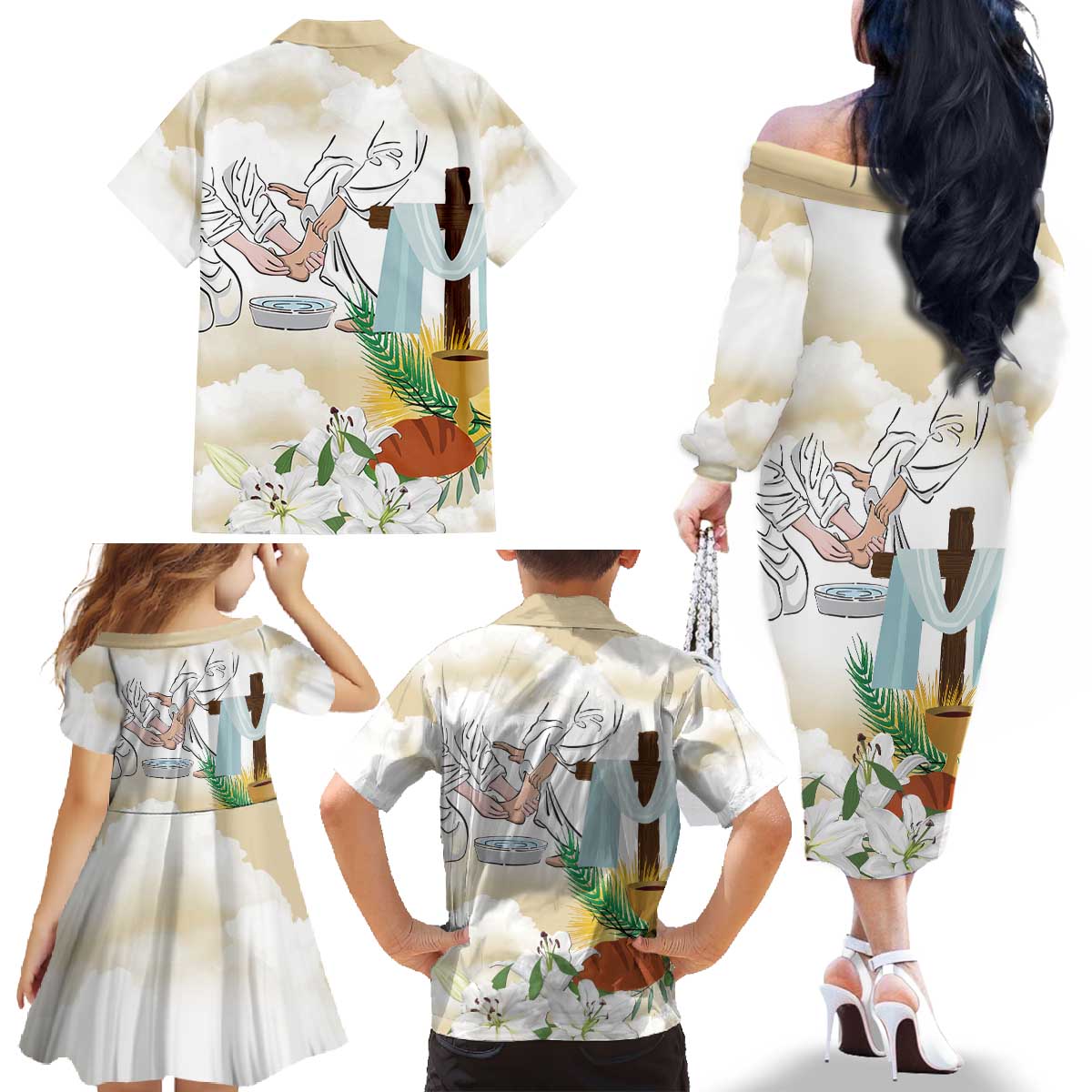 Happy Maundy Thursday Family Matching Off The Shoulder Long Sleeve Dress and Hawaiian Shirt Jesus Christ Washing Feet
