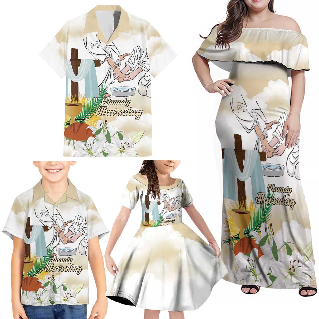 Happy Maundy Thursday Family Matching Off Shoulder Maxi Dress and Hawaiian Shirt Jesus Christ Washing Feet