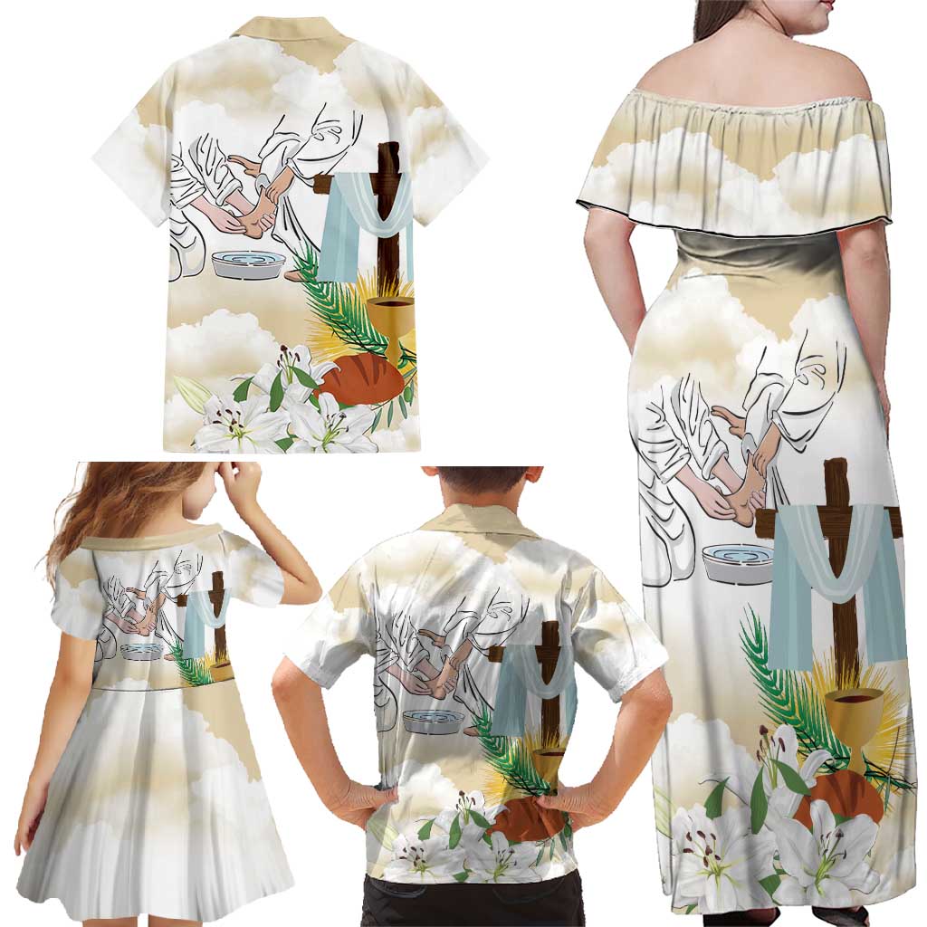 Happy Maundy Thursday Family Matching Off Shoulder Maxi Dress and Hawaiian Shirt Jesus Christ Washing Feet