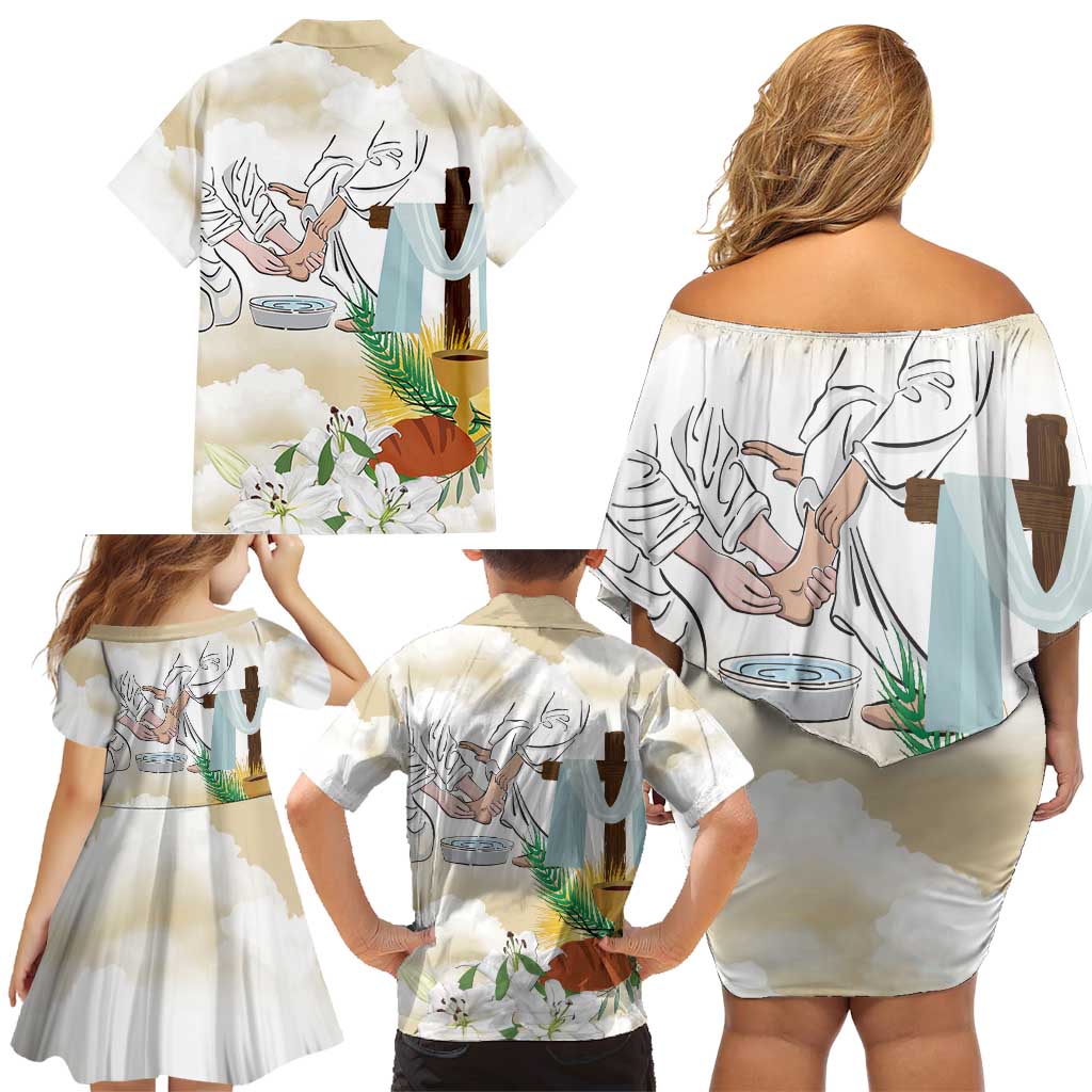 Happy Maundy Thursday Family Matching Off Shoulder Short Dress and Hawaiian Shirt Jesus Christ Washing Feet